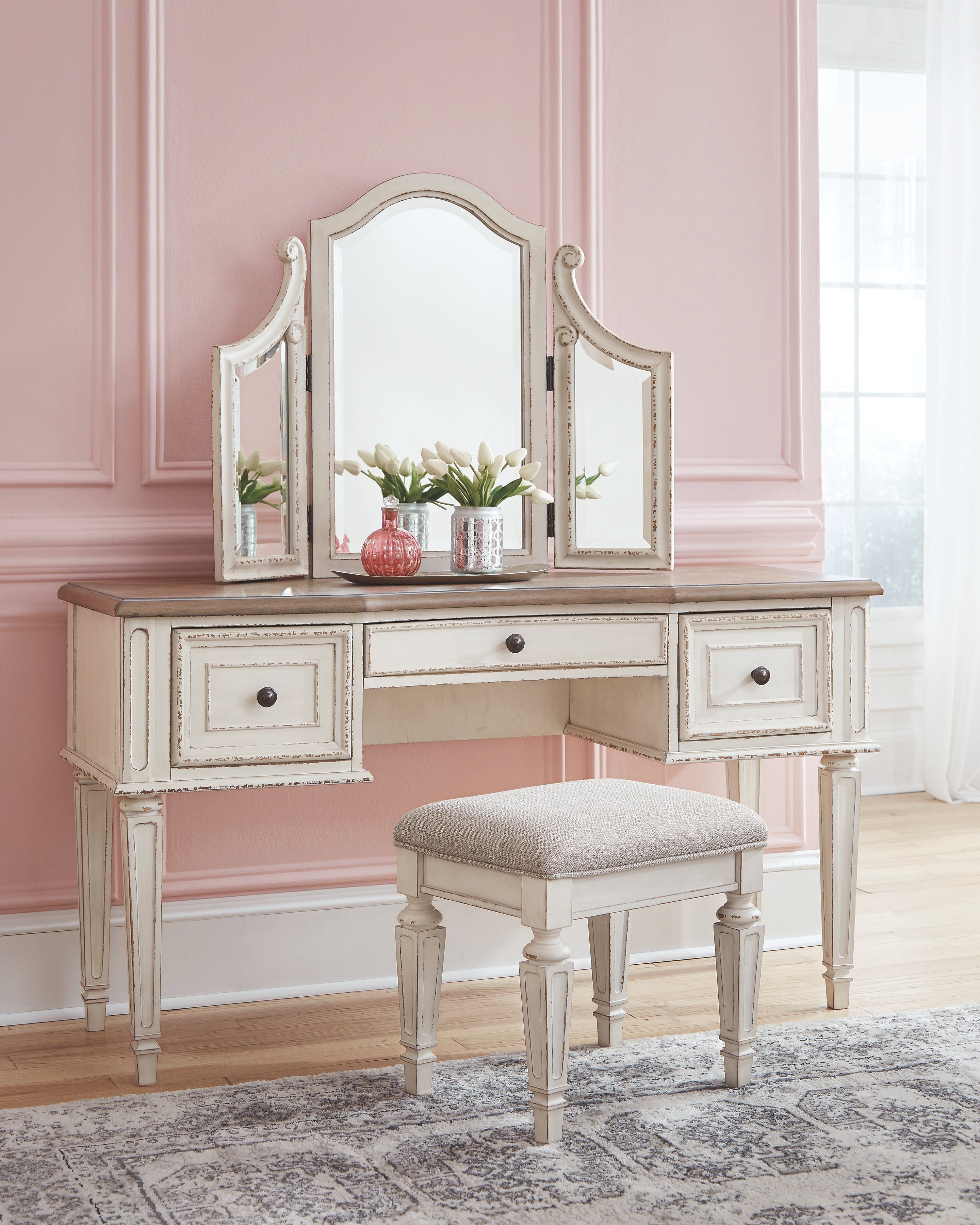 Ashley Furniture - REALYN VANITY/MIRROR/STOOL - White Fabric|Glass|Wood - Desks & Vanities - Additional View 1