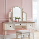 Ashley Furniture - REALYN VANITY/MIRROR/STOOL - White Fabric|Glass|Wood - Desks & Vanities - Additional View 2