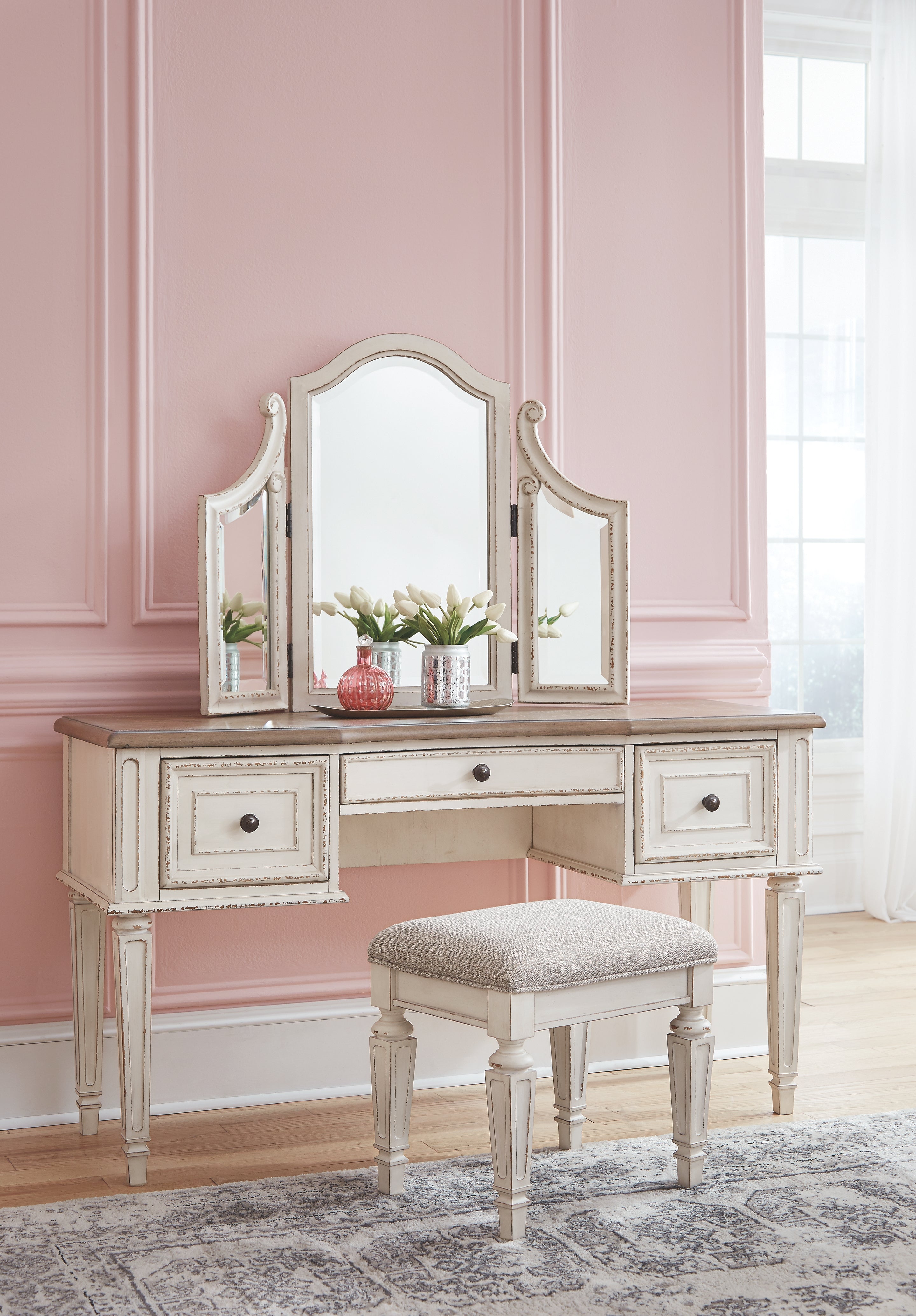 Ashley Furniture - REALYN VANITY/MIRROR/STOOL - White Fabric|Glass|Wood - Desks & Vanities - Additional View 2