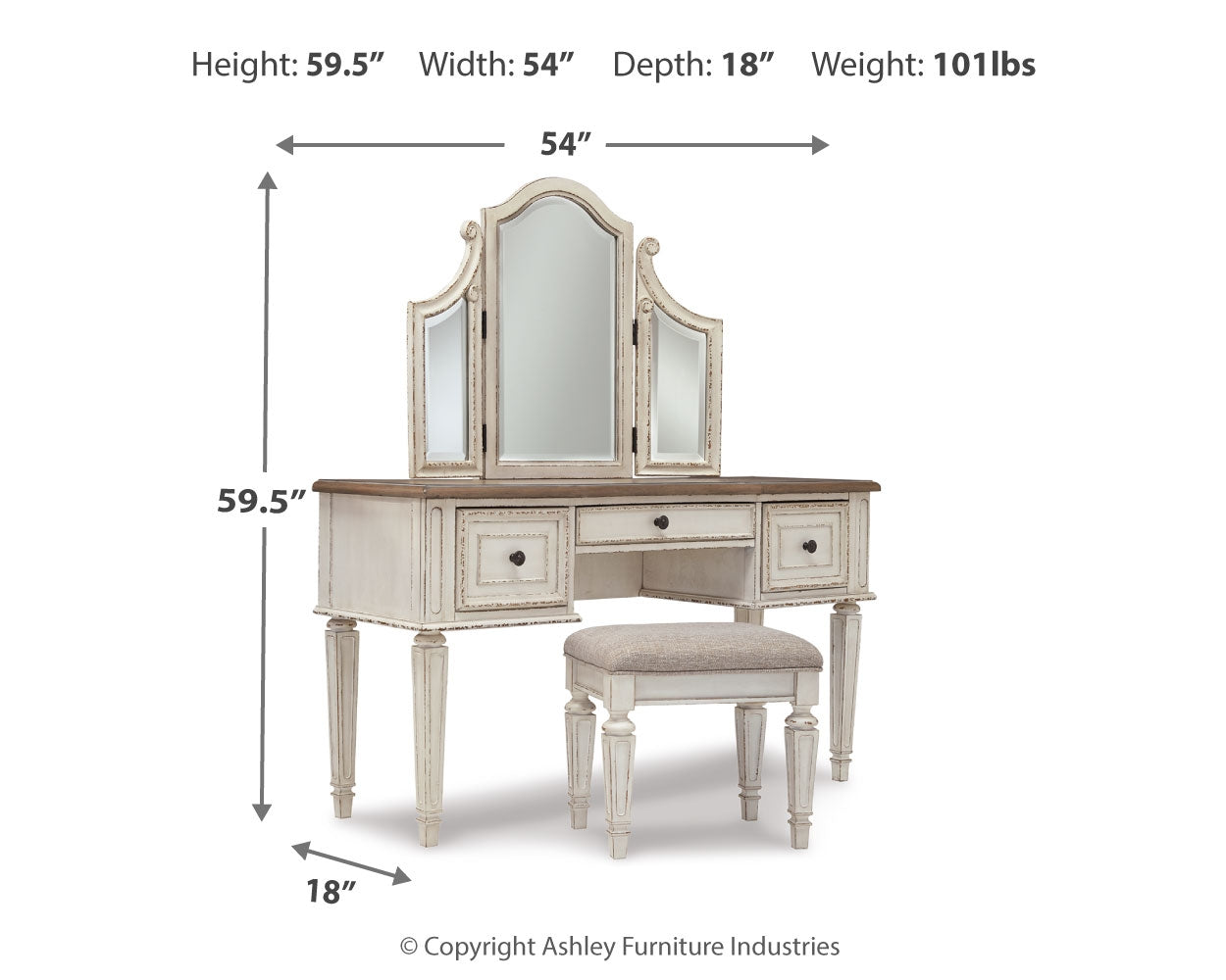 Ashley Furniture - REALYN VANITY/MIRROR/STOOL - White Fabric|Glass|Wood - Desks & Vanities - Additional View 3