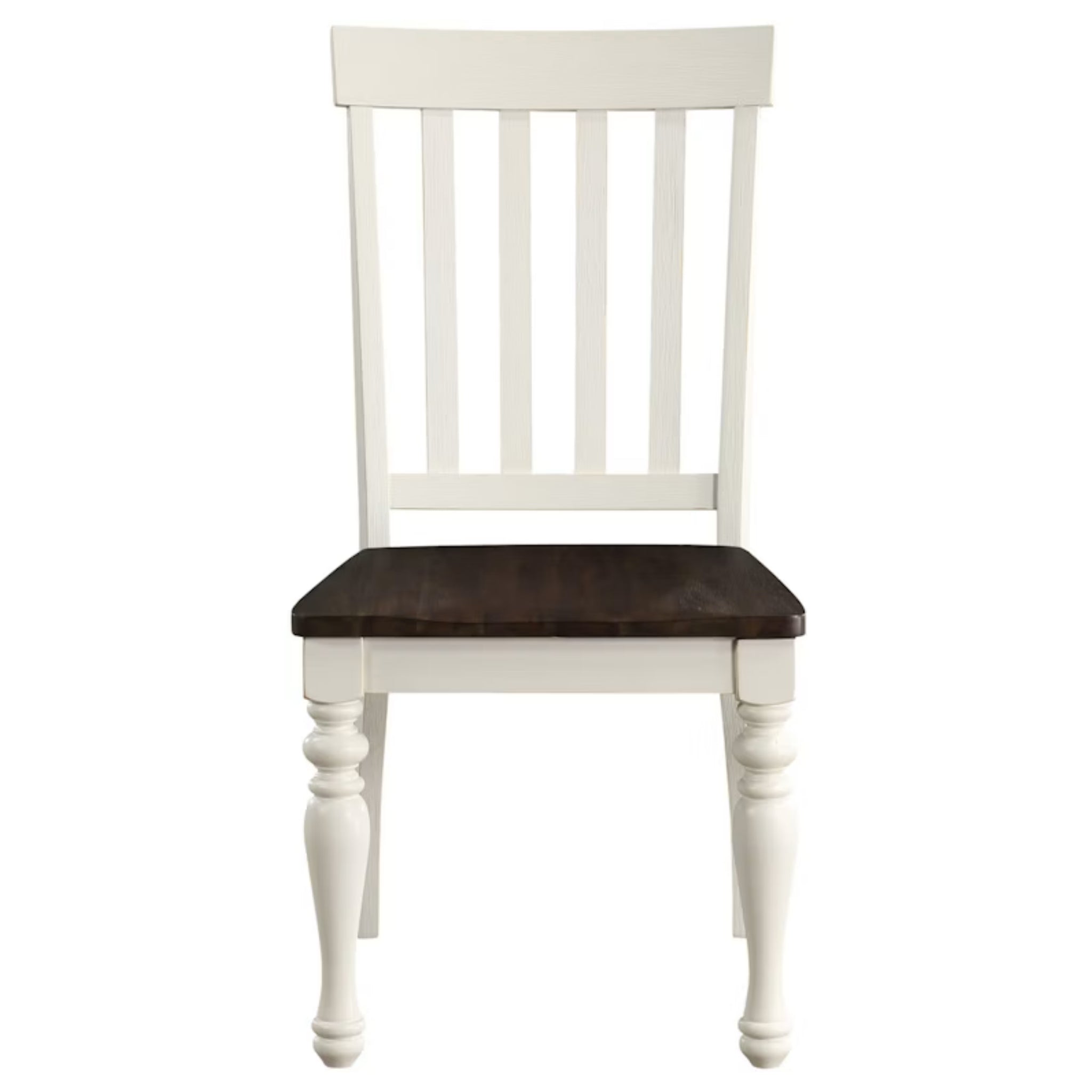 A classic wooden dining chair with a white painted frame, vertical slatted backrest, and a dark brown wooden seat, shown against a plain white background.