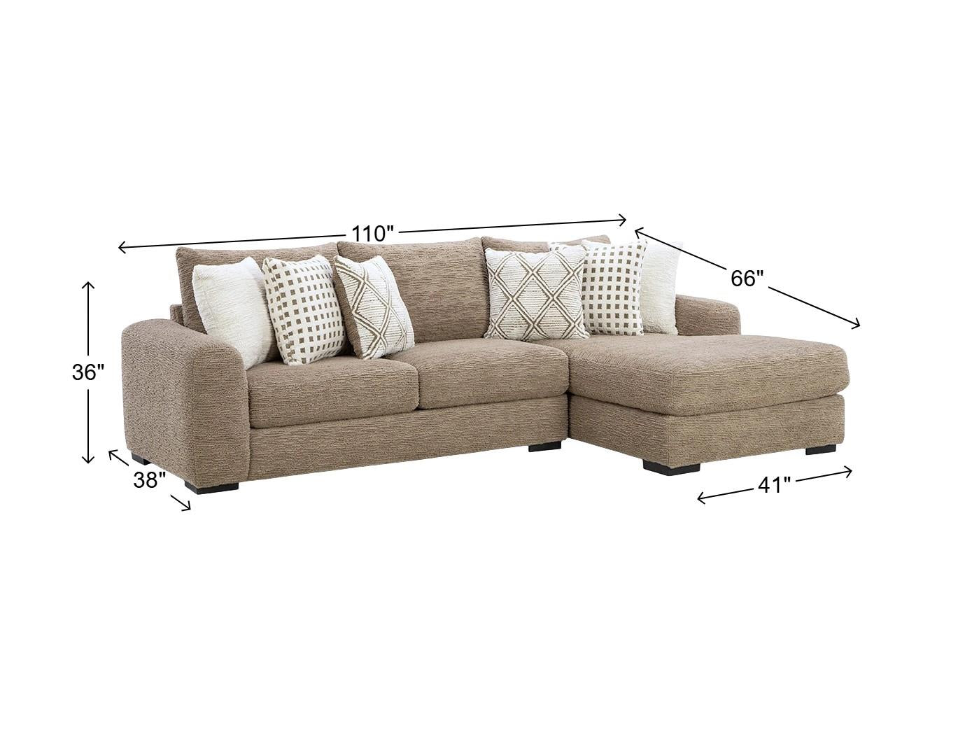 Brown sectional sofa with dimensions labeled on a white background