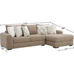 Brown sectional sofa with dimensions labeled on a white background