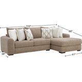 Brown sectional sofa with dimensions labeled on a white background