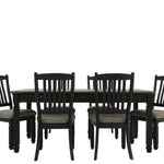 A 7-piece dining table set featuring a rectangular dark wood table and five matching slatted-back chairs with gray upholstered seats, shown against a plain white background.