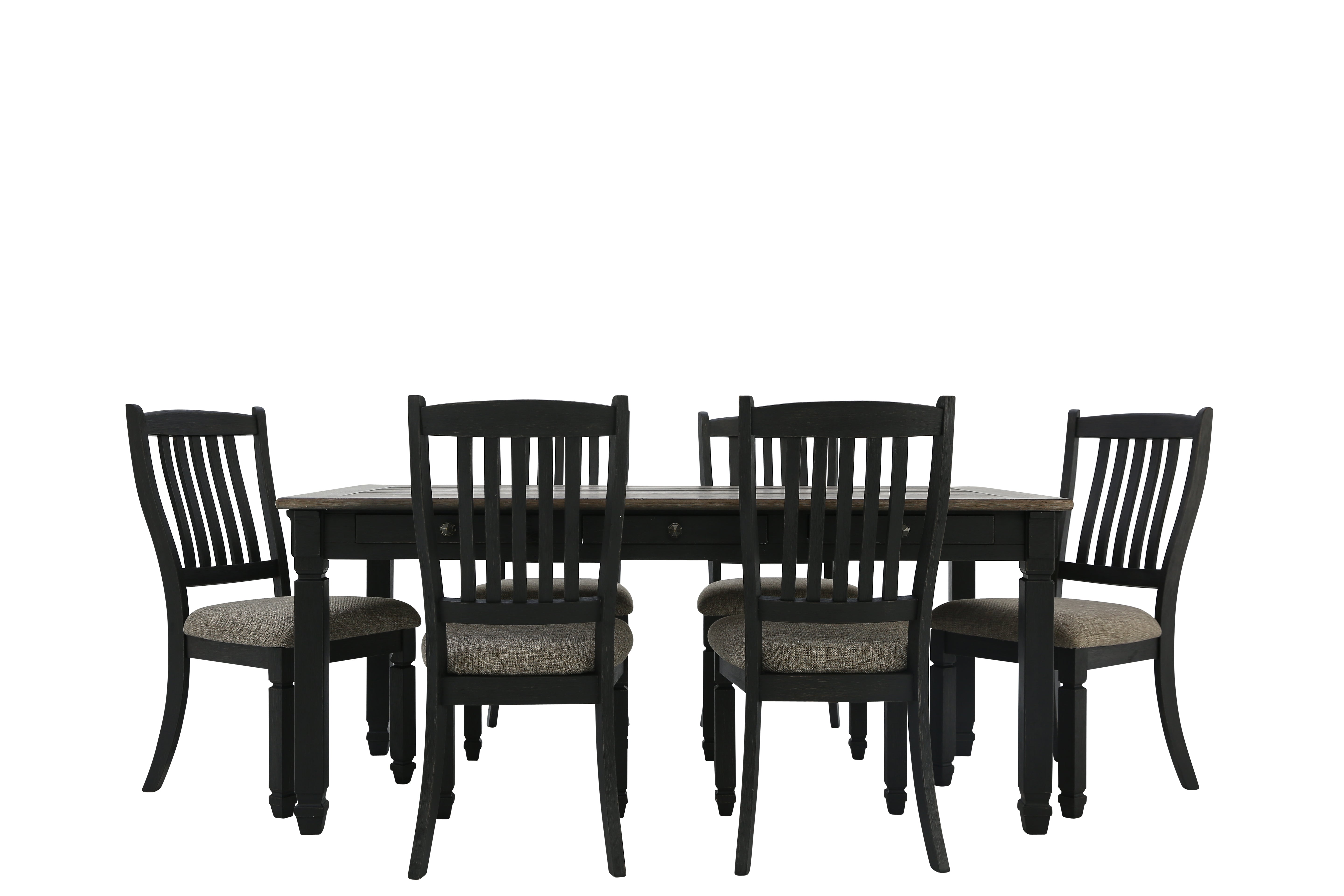 A 7-piece dining table set featuring a rectangular dark wood table and five matching slatted-back chairs with gray upholstered seats, shown against a plain white background.