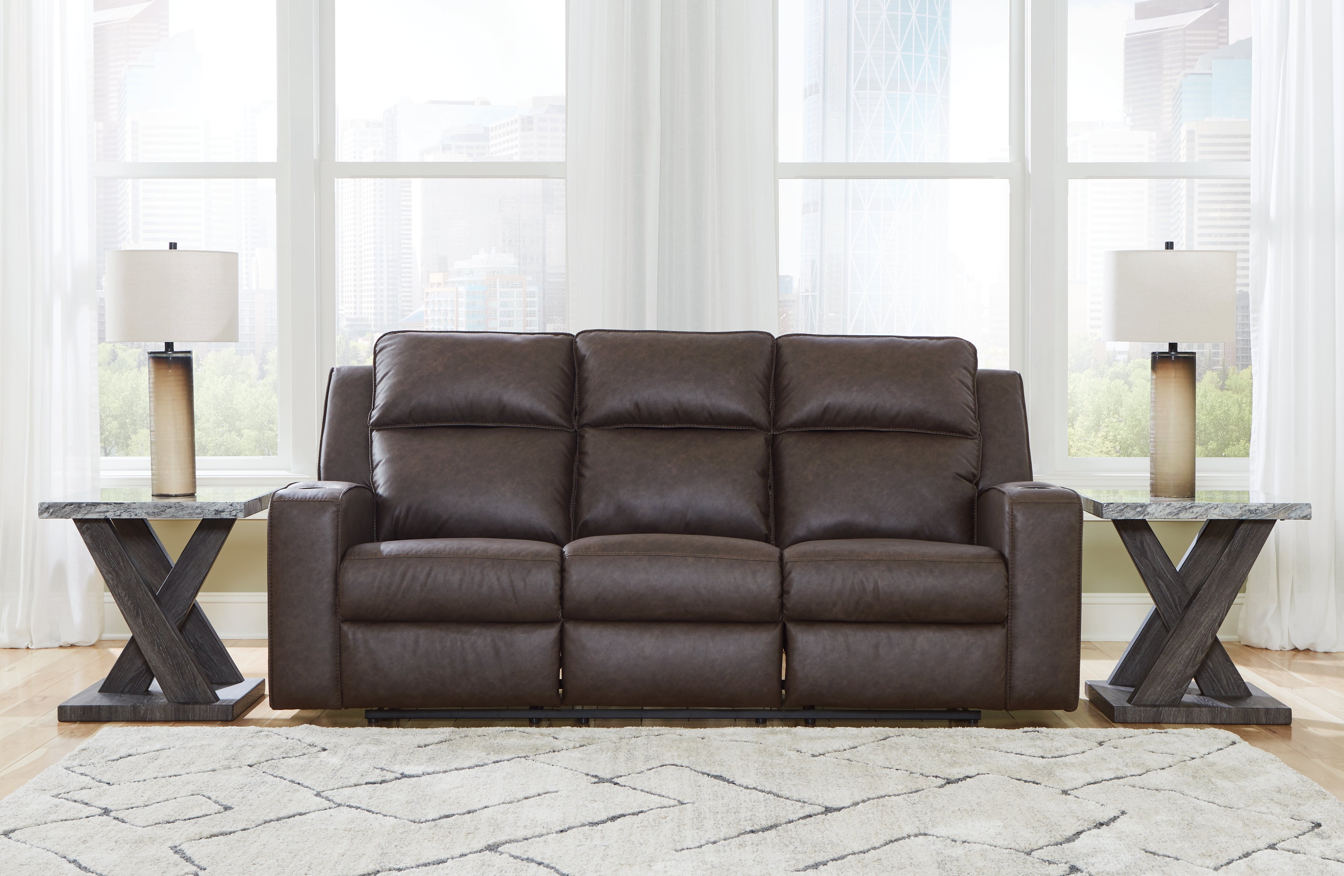 Ashley Furniture - Lavenhorne Reclining Sofa With Drop Down Table - Granite - Dark Gray Faux Leather - Sofas - Additional View 1