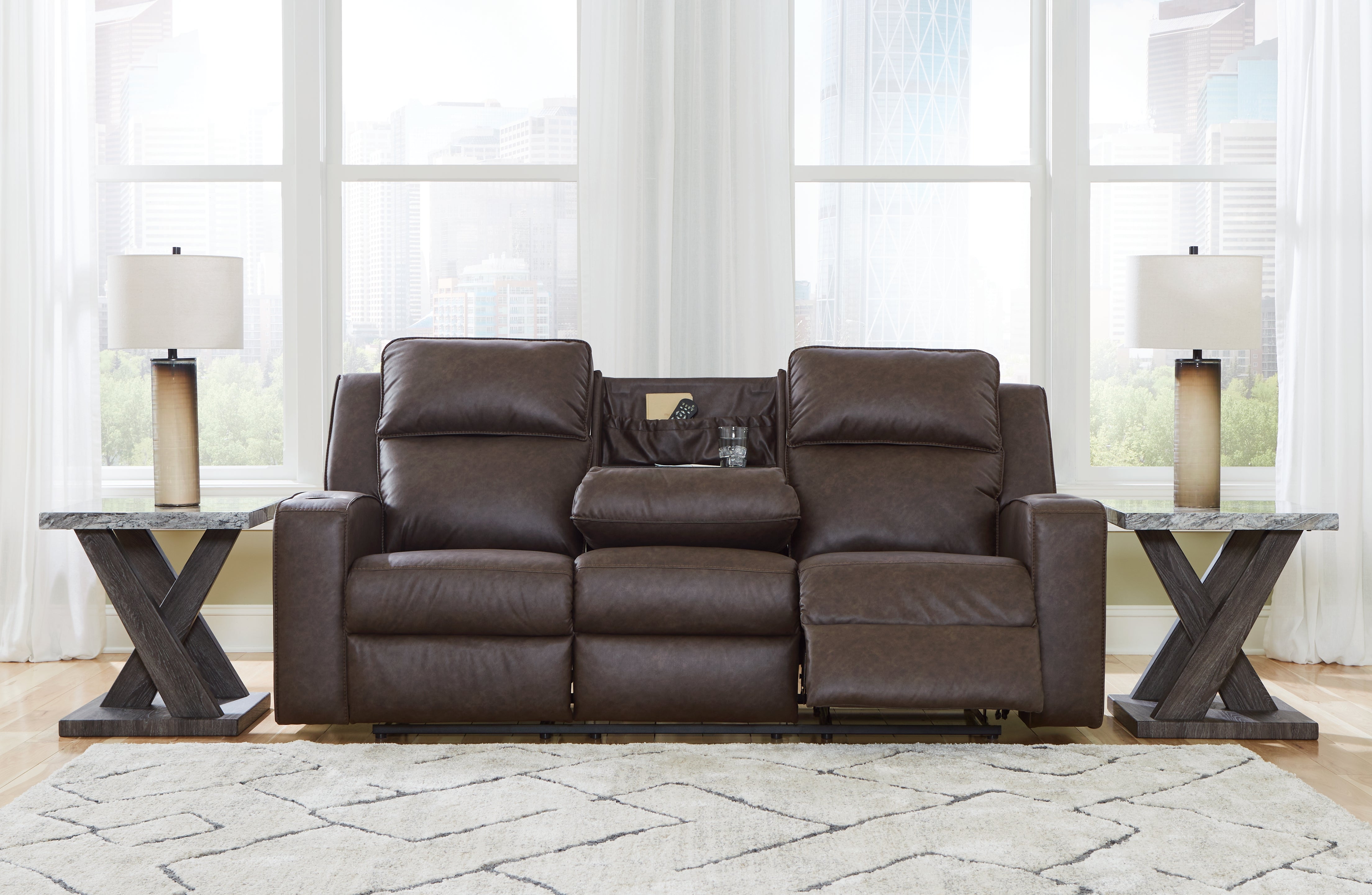 Ashley Furniture - Lavenhorne Reclining Sofa With Drop Down Table - Granite - Dark Gray Faux Leather - Sofas - Additional View 6