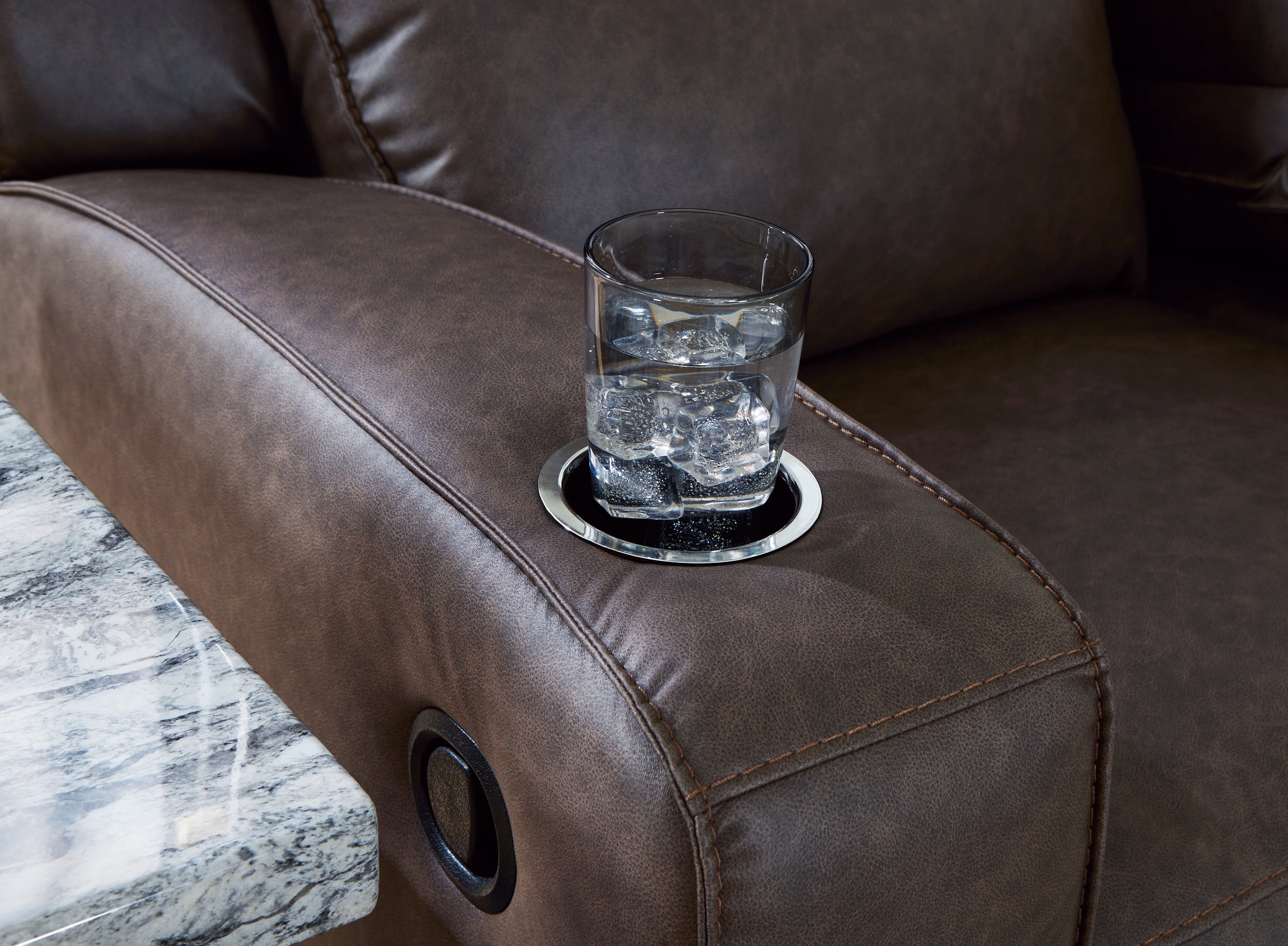 Ashley Furniture - Lavenhorne Reclining Sofa With Drop Down Table - Granite - Dark Gray Faux Leather - Sofas - Additional View 7