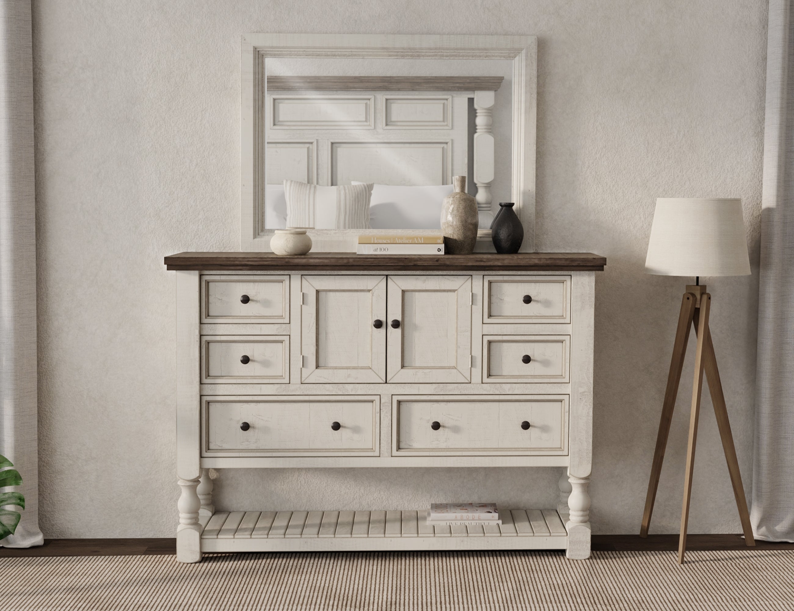 IFD Stone Antiqued Ivory Weathered Gray 2 Doors Dresser and Mirror