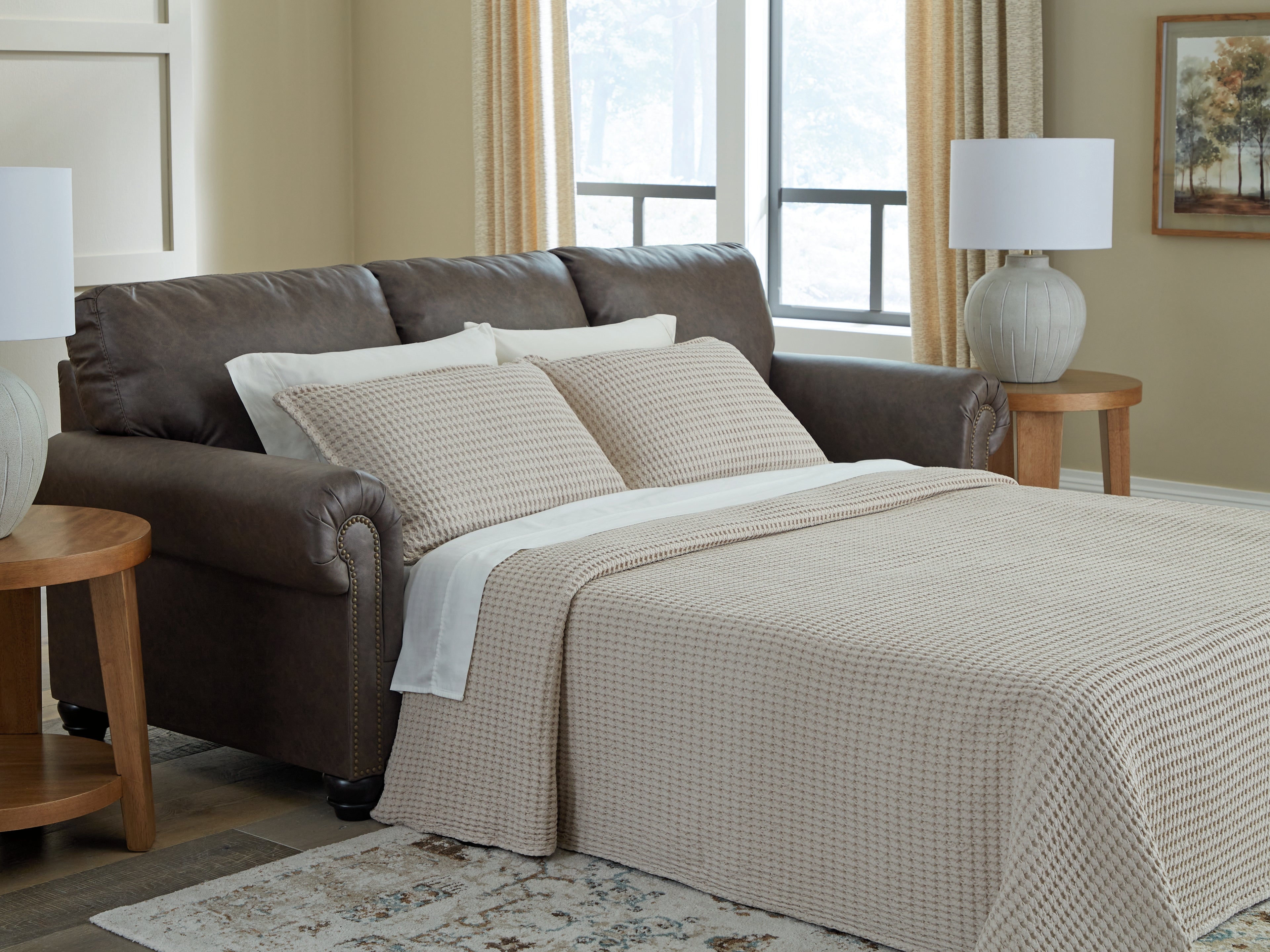 Ashley Furniture - ROXMERE UMBER QUEEN SLEEPER - Dark Brown Faux Leather - Sofas - Additional View 1