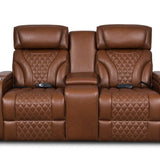 A brown leather reclining loveseat with two padded seats, quilted diamond-patterned upholstery, and cup holders on the outer arms, shown against a plain white background.