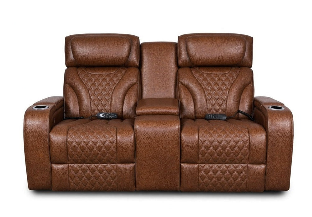 A brown leather reclining loveseat with two padded seats, quilted diamond-patterned upholstery, and cup holders on the outer arms, shown against a plain white background.