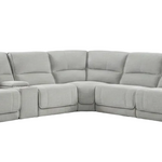 A light gray modular reclining sectional sofa with multiple seat cushions and two small round side tables, shown against a plain white background.