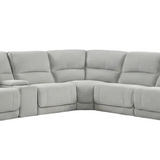 A light gray modular reclining sectional sofa with multiple seat cushions and two small round side tables, shown against a plain white background.