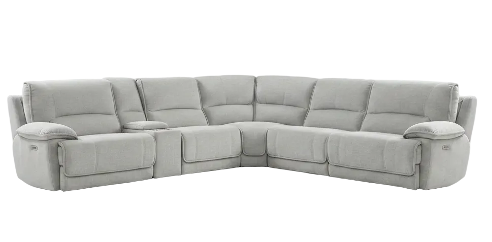 A light gray modular reclining sectional sofa with multiple seat cushions and two small round side tables, shown against a plain white background.