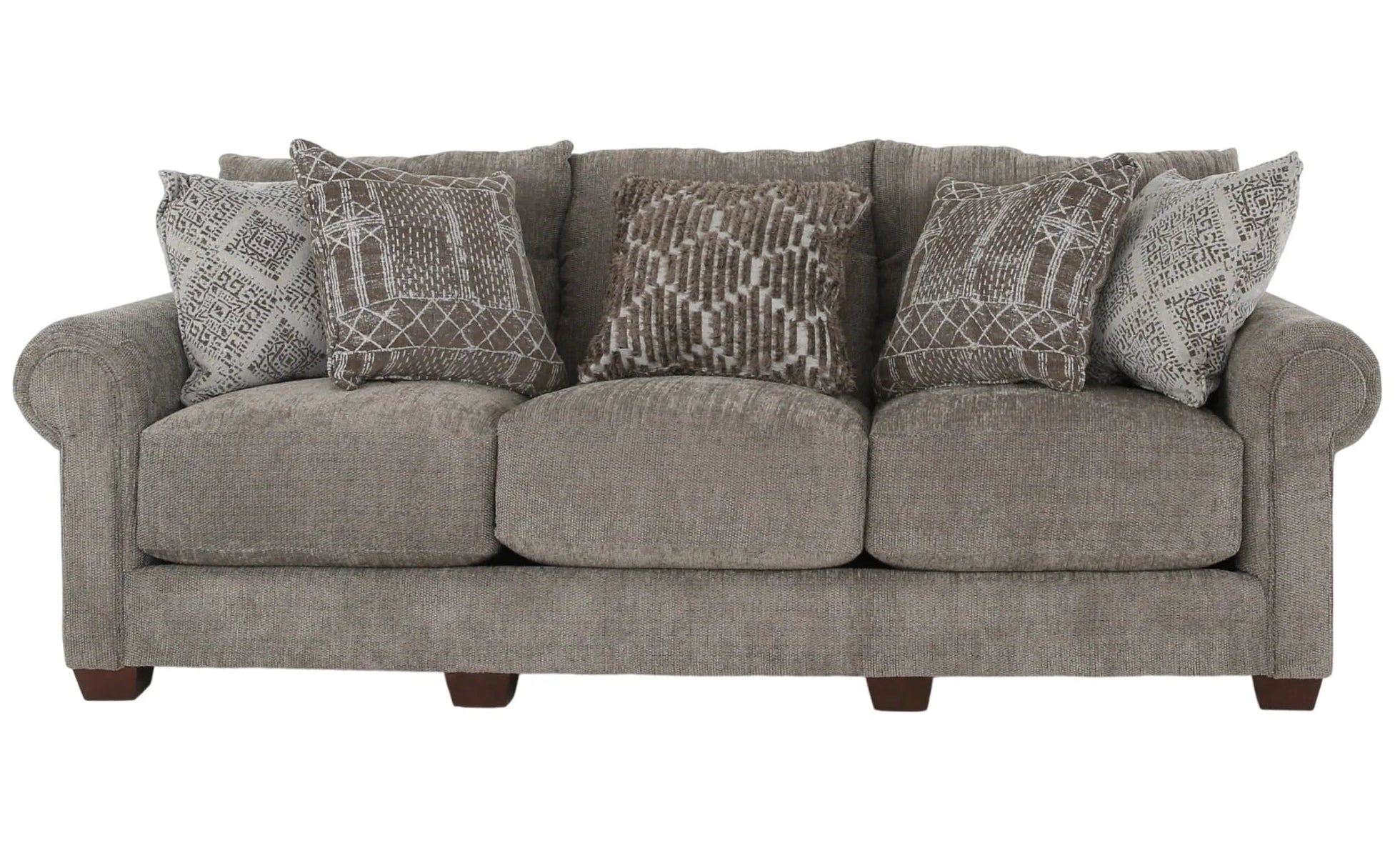 A three-seat upholstered sofa in a textured taupe-gray fabric, styled with five decorative throw pillows in gray and white geometric patterns, set against a plain white background.