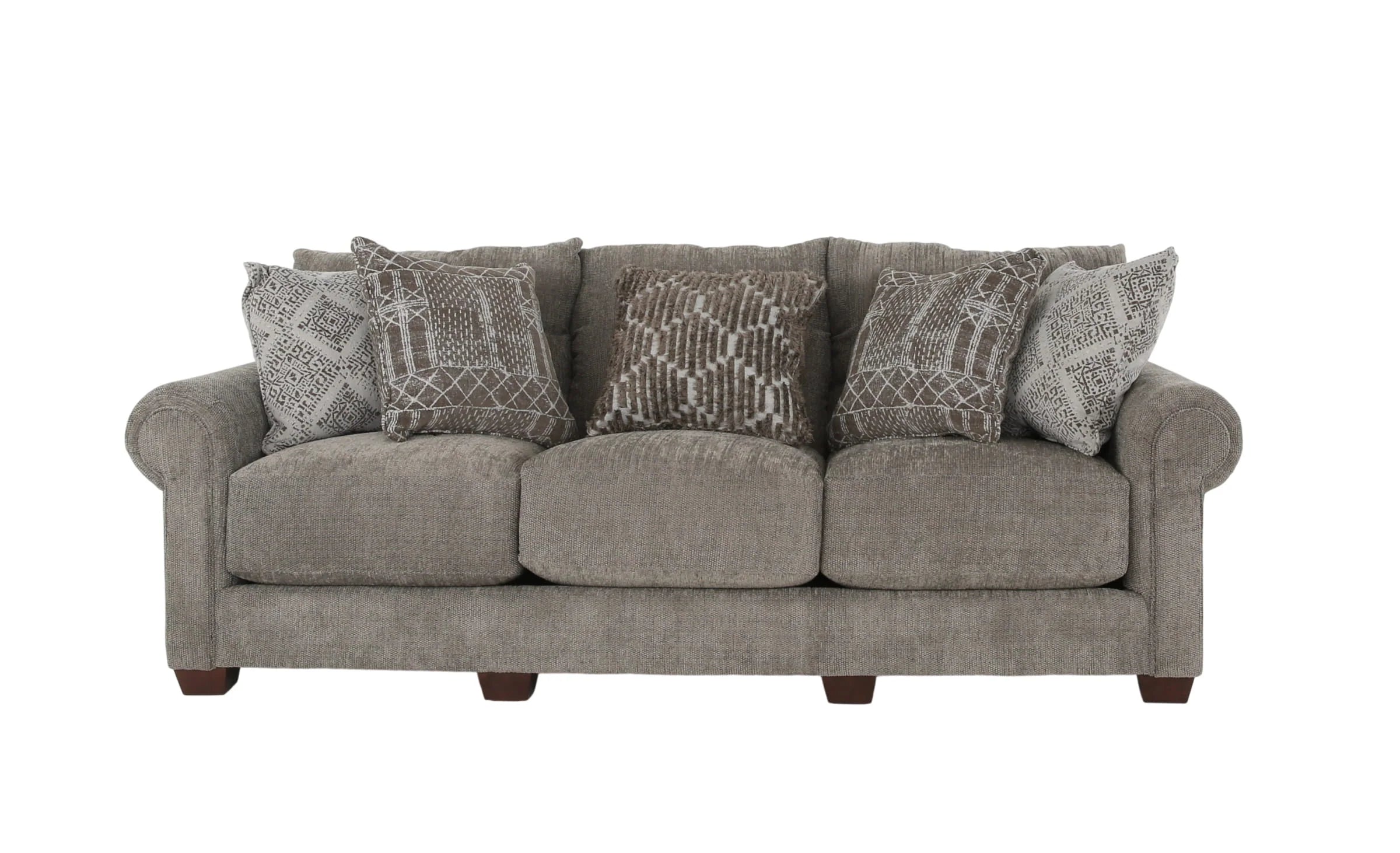 A three-seat upholstered sofa in a textured taupe-gray fabric, styled with five decorative throw pillows in gray and white geometric patterns, set against a plain white background.