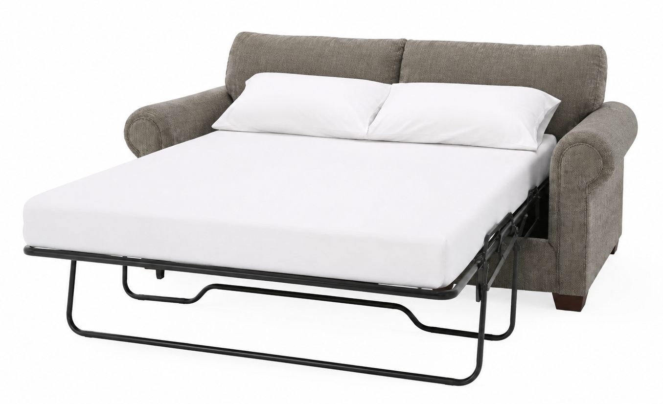A gray upholstered sofa bed with a pulled-out white mattress and two white pillows, shown on a clean white background.