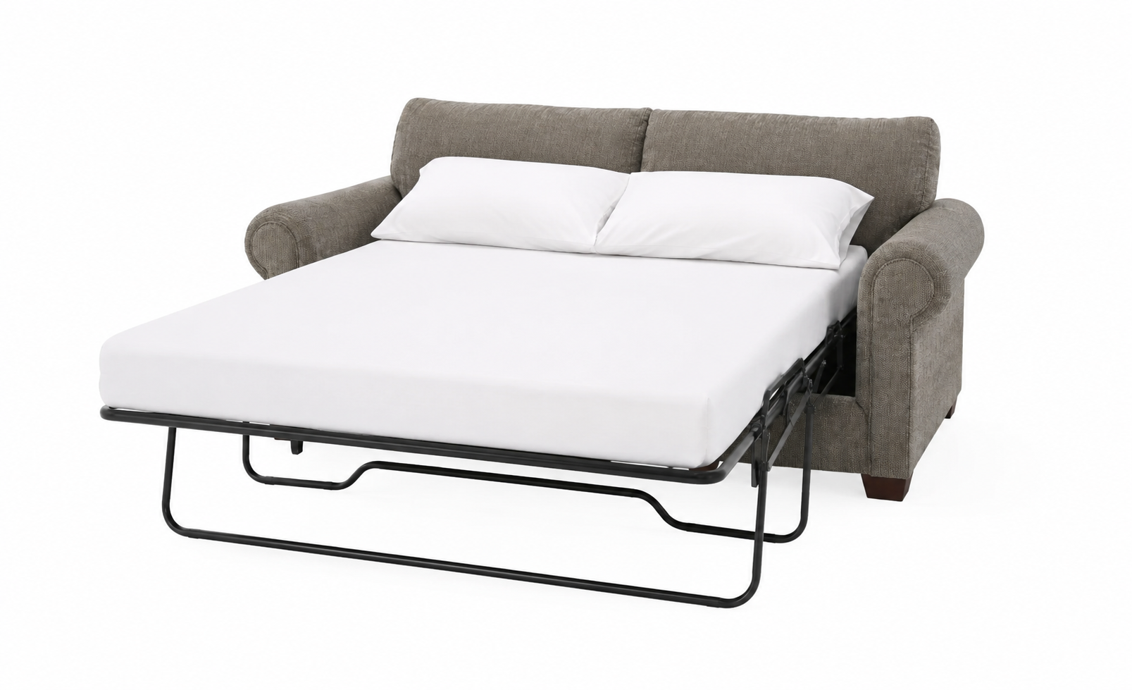 A gray upholstered sofa bed with a pulled-out white mattress and two white pillows, shown on a clean white background.