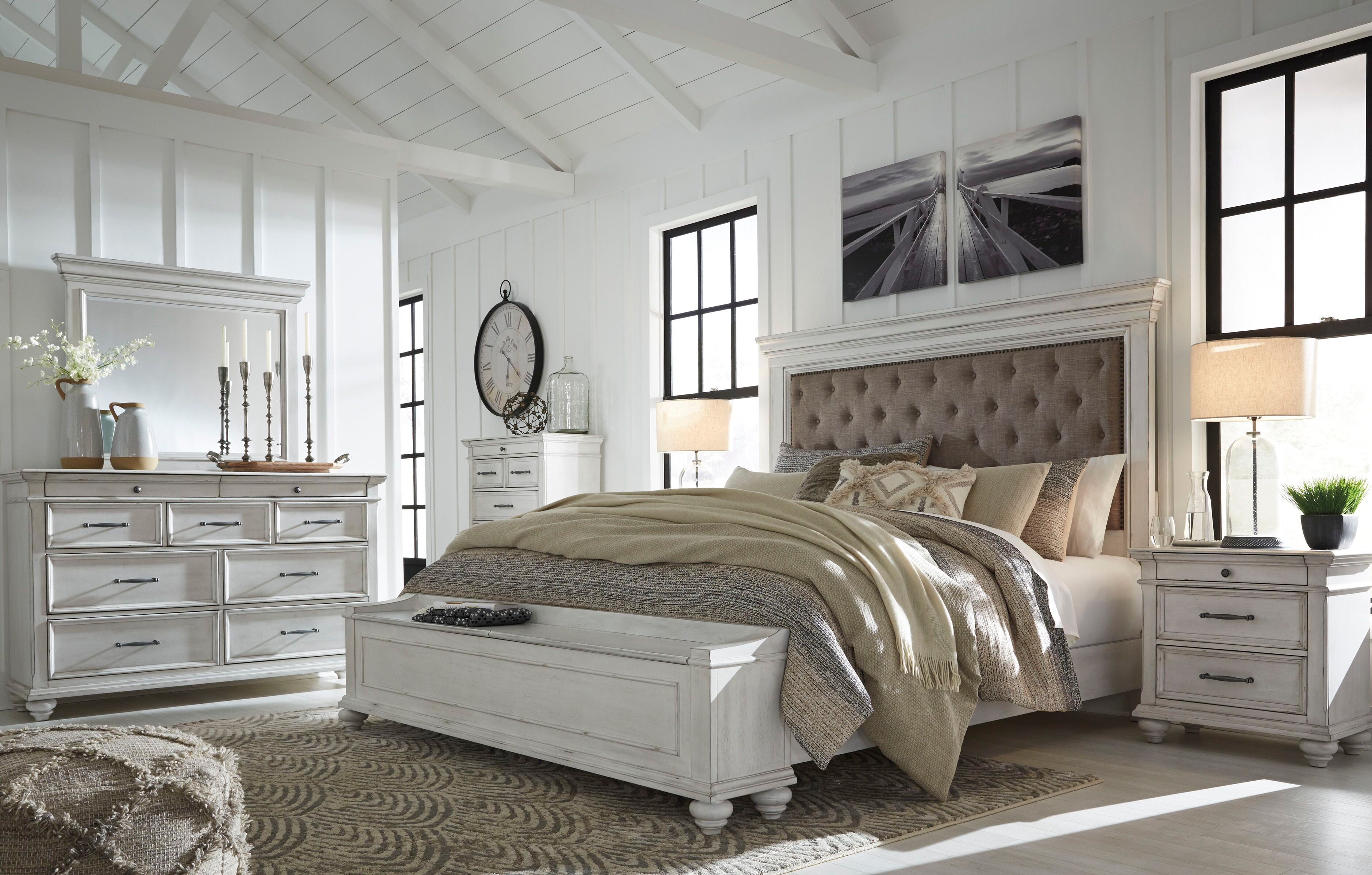 Ashley Furniture - Kanwyn King Upholstered Bed with Storage Bench - Whitewash - Fabric|Wood - Beds - Additional View 1