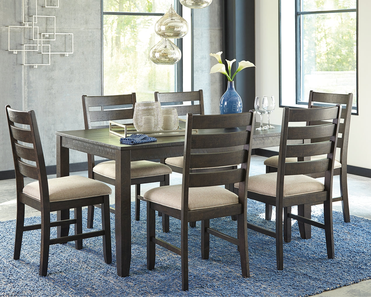 Ashley Furniture - ROKANE 7 PIECE DINING SET - Dark Brown Fabric|Wood - Dining Room Sets - Additional View 1