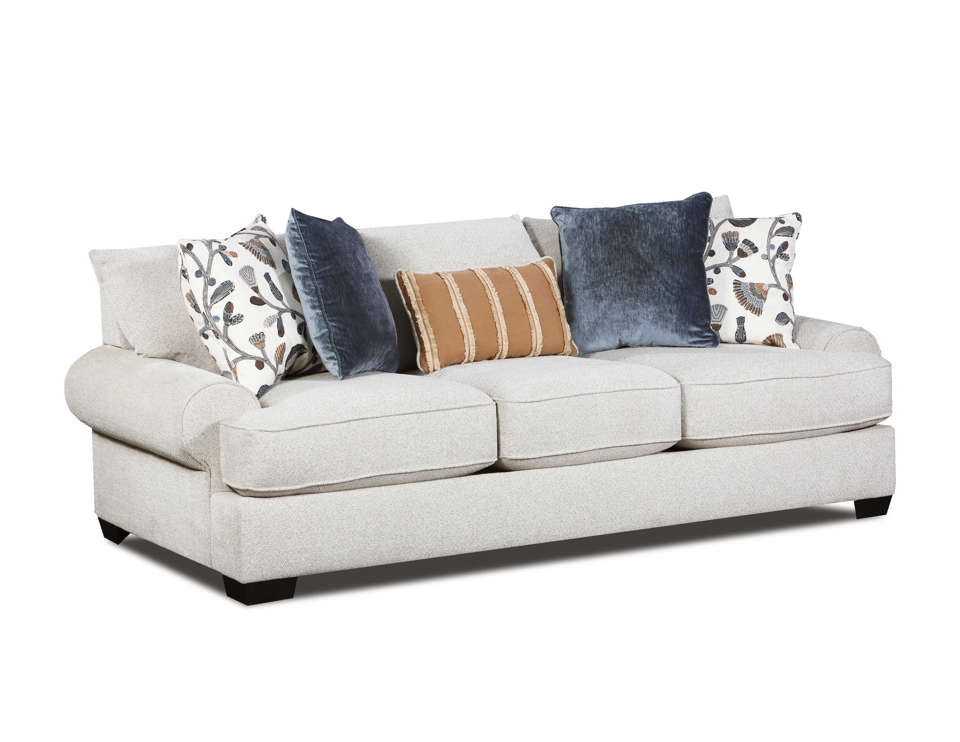 A light beige upholstered loveseat sofa with dark wooden feet, styled with five decorative throw pillows including two navy blue velvet pillows, a tan and white striped pillow, and two white floral patterned pillows, shown against a plain white background.