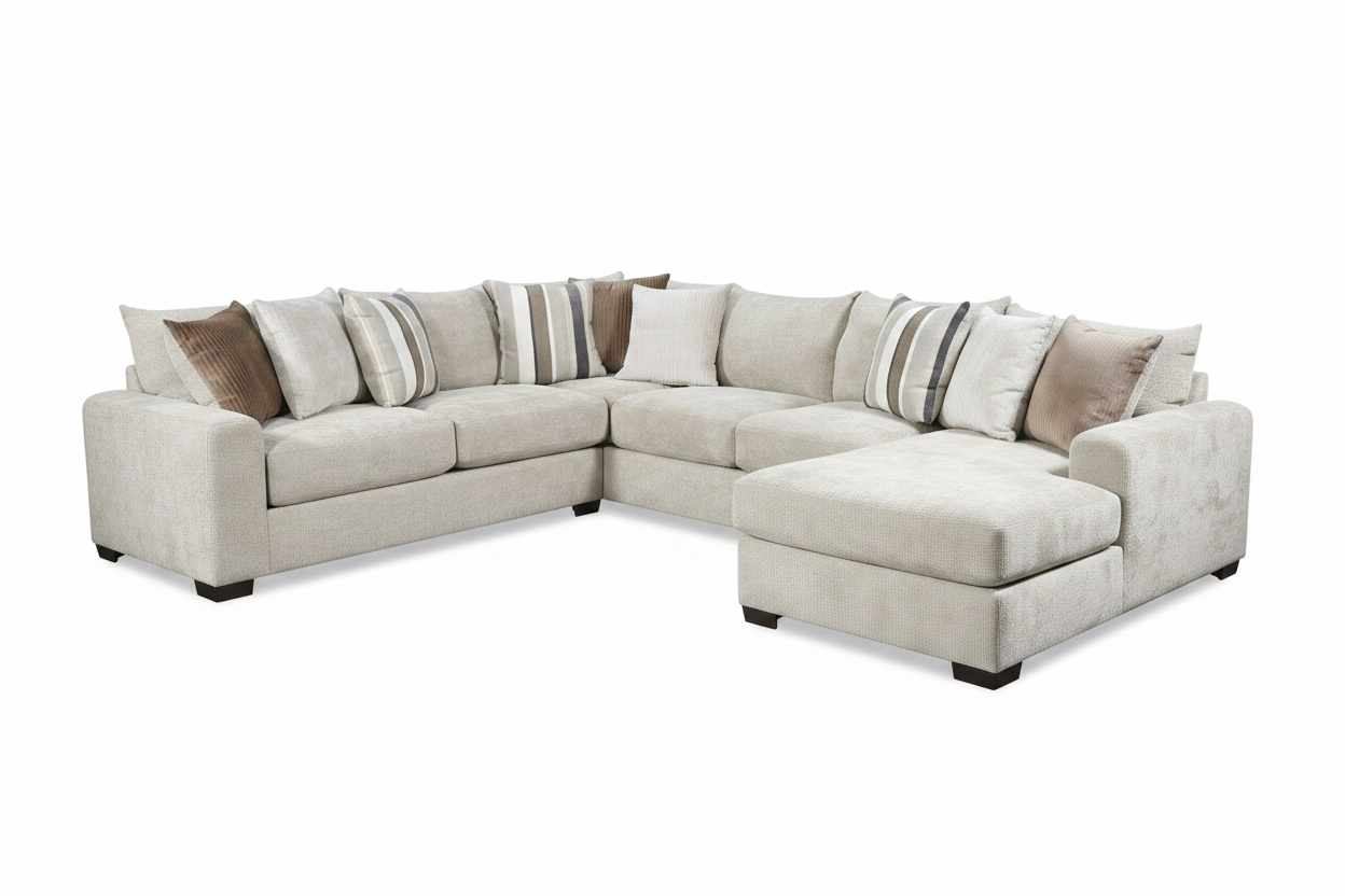 A light beige fabric sectional sofa with a chaise lounge on the right side, styled with multiple throw pillows in neutral tones, set against a plain white background.