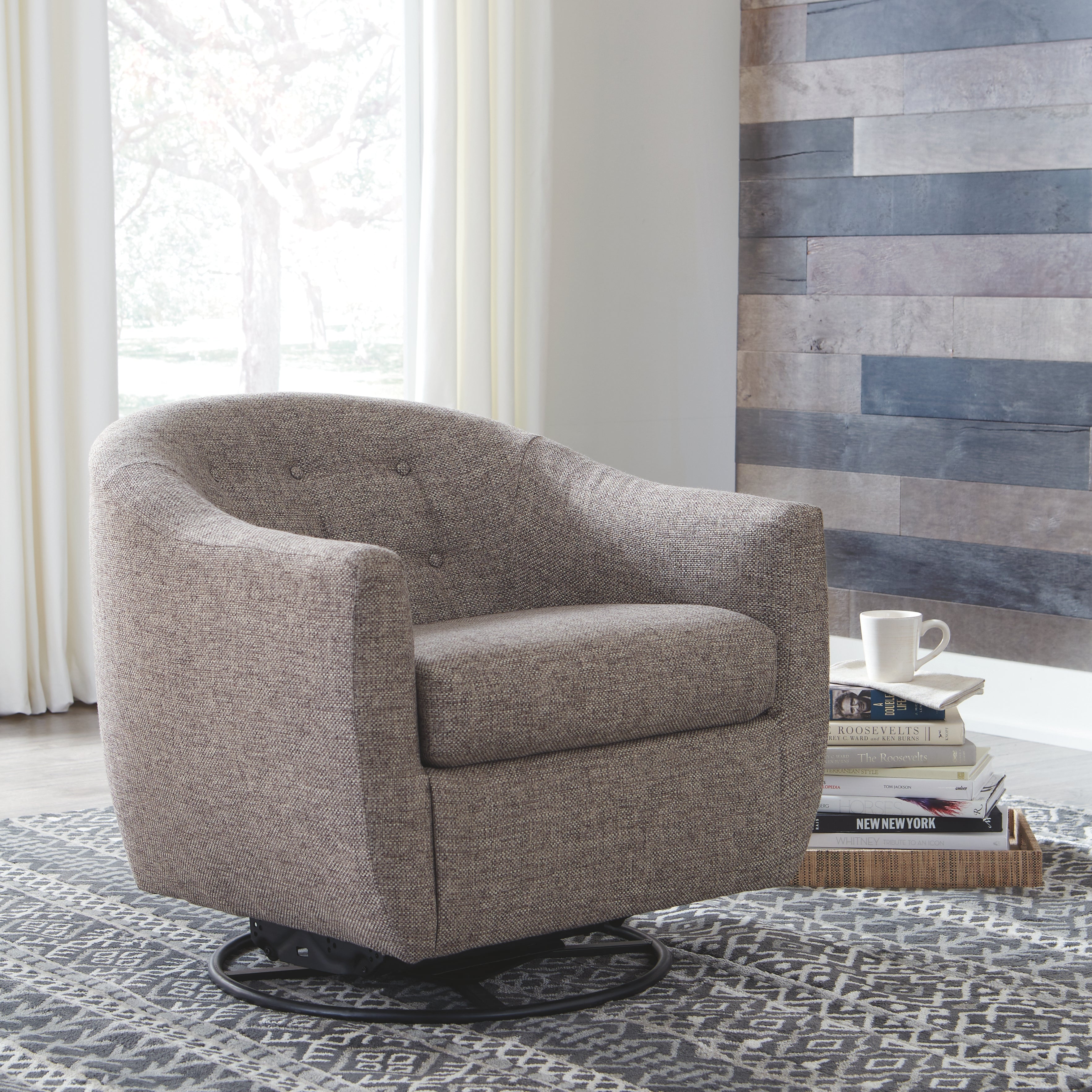 Ashley Furniture - UPSHUR TAUPE SWIVEL GLIDER ACCENT CHAIR - Light Brown Fabric - Chairs - Additional View 1