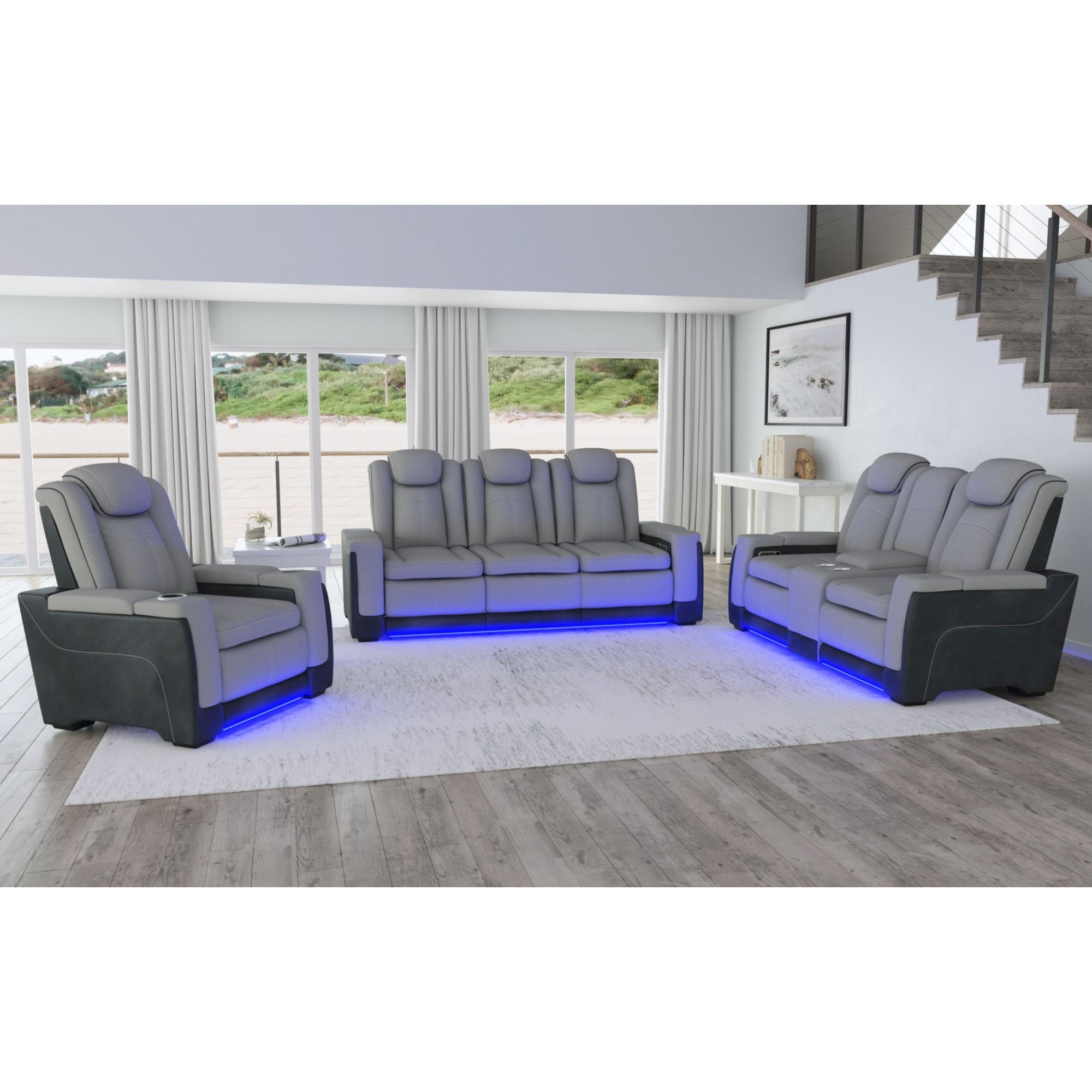 Elements International - LANTANA ROCKY CEMENT/CHARCOAL 2P POWER SOFA - Gray Faux Leather|Fabric - Sofas - Additional View 4