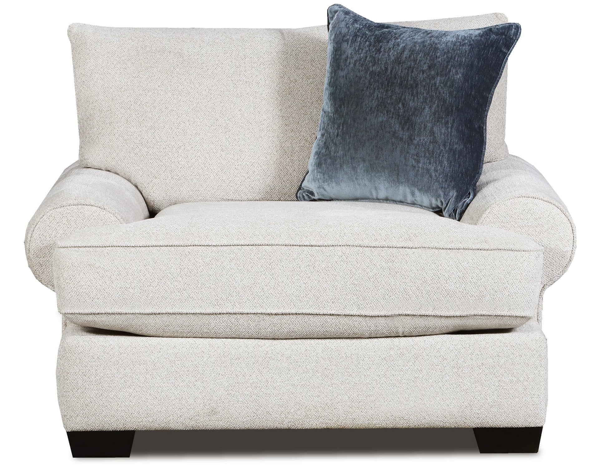 A light beige upholstered armchair with a dark blue textured throw pillow, shown against a plain white background.