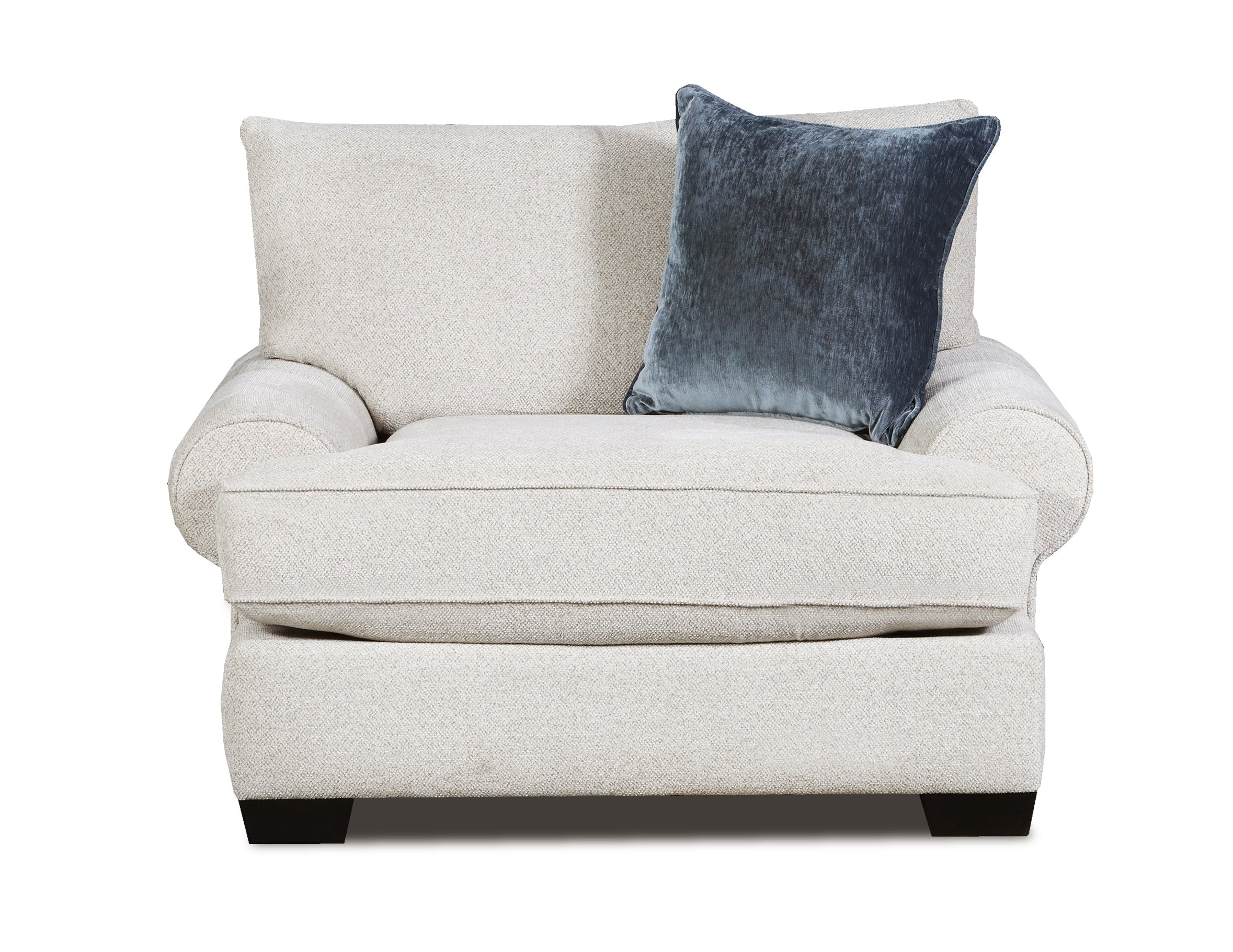 A light beige upholstered armchair with a dark blue textured throw pillow, shown against a plain white background.
