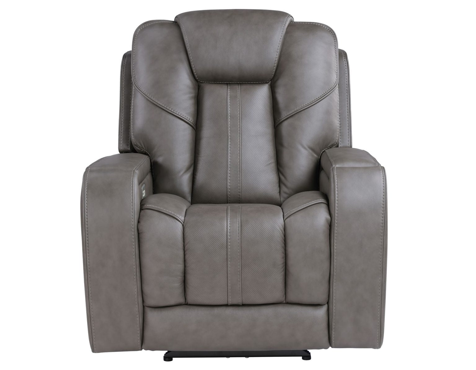 A gray faux leather power recliner chair with a high back, padded armrests, and stitched panel detailing, shown against a plain white background.