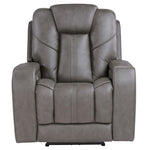 A gray faux leather power recliner chair with a high back, padded armrests, and stitched panel detailing, shown against a plain white background.