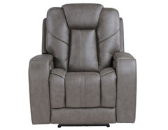 A gray faux leather power recliner chair with a high back, padded armrests, and stitched panel detailing, shown against a plain white background.