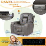 Gray recliner chair with built-in speakers and control panel, featuring Daniel branding.