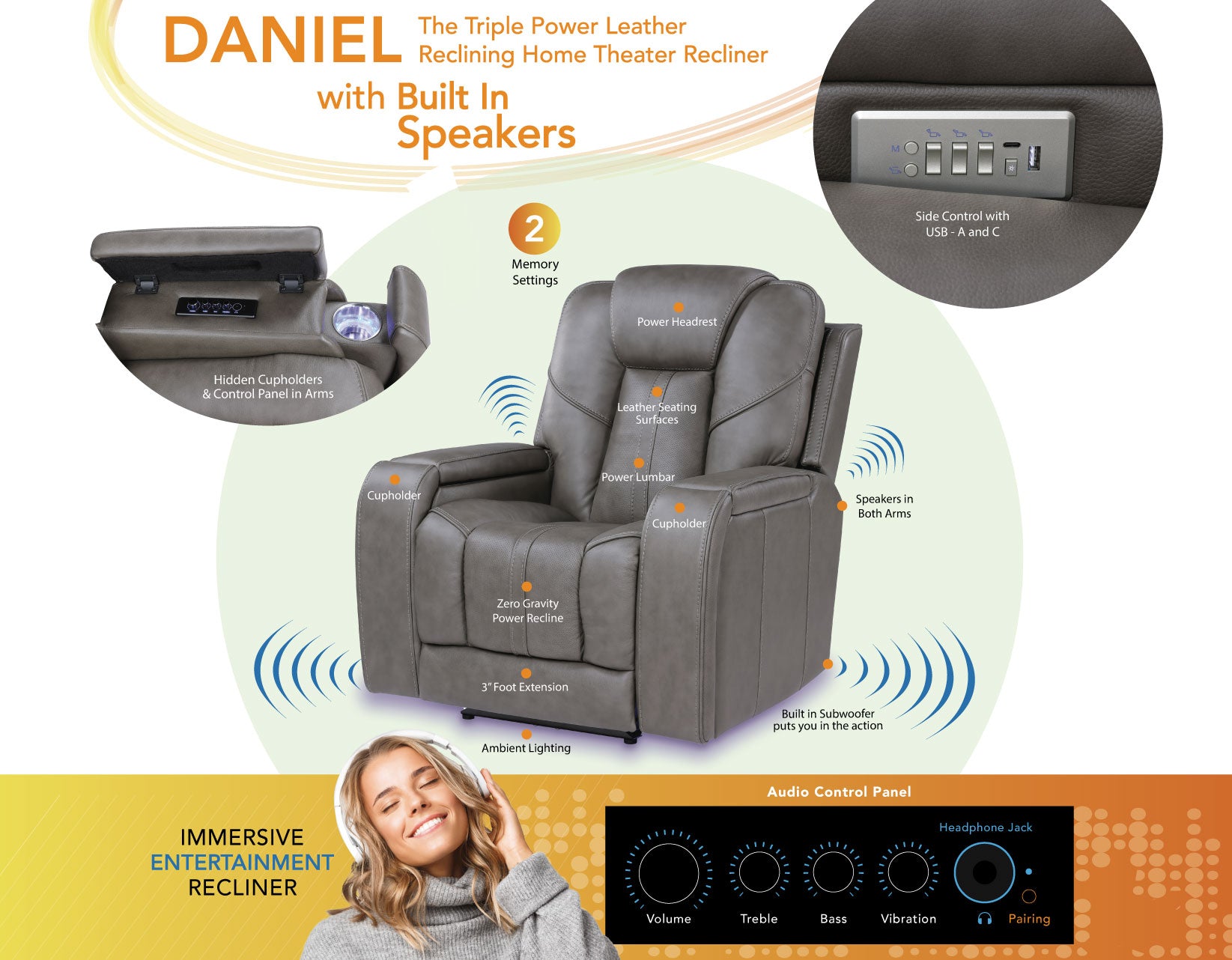 Steve Silver Furniture - DANIEL POWER THEATER RECLINER - Gray Faux Leather - Chairs - Additional View 1