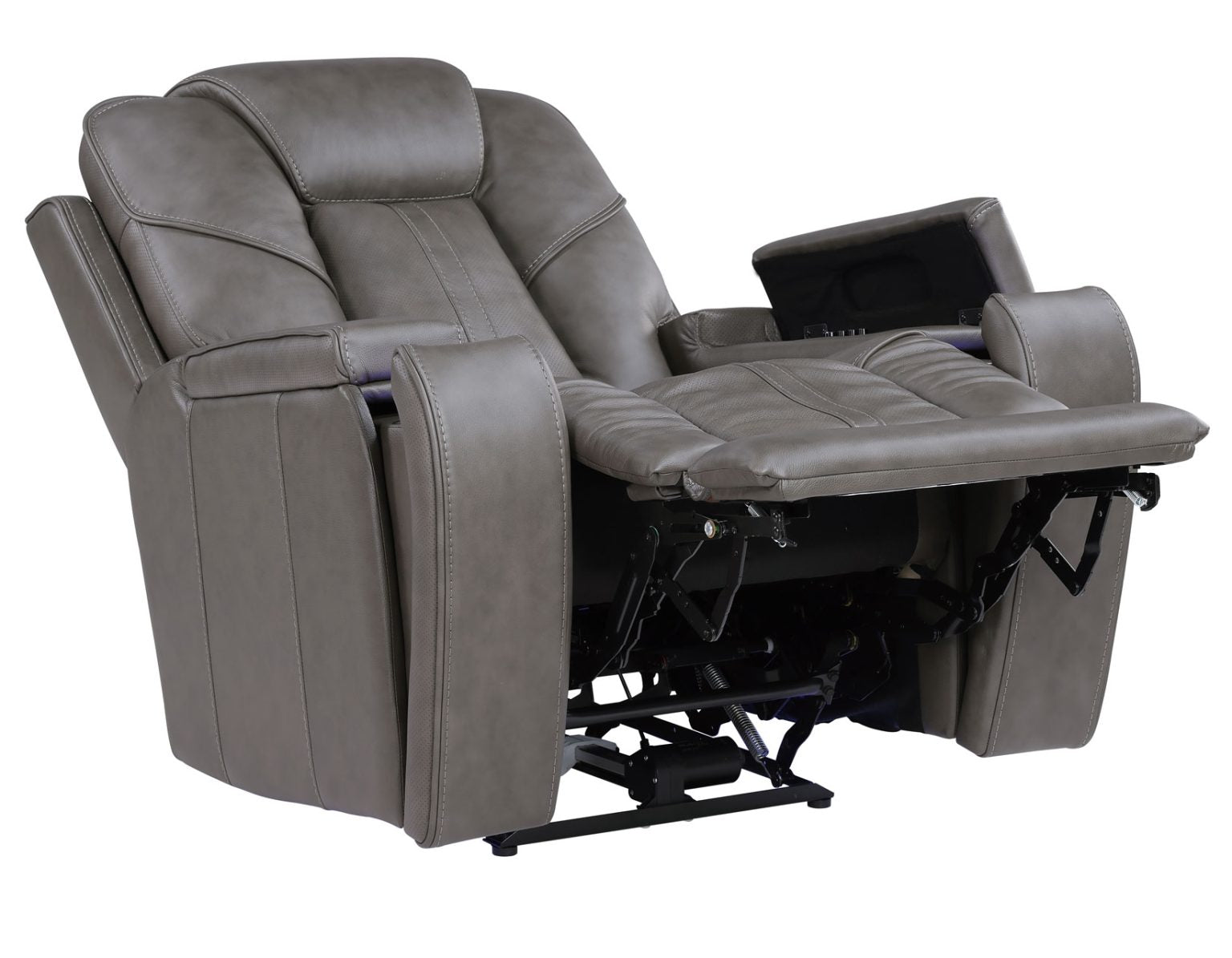 Gray recliner chair with cup holder on a white background