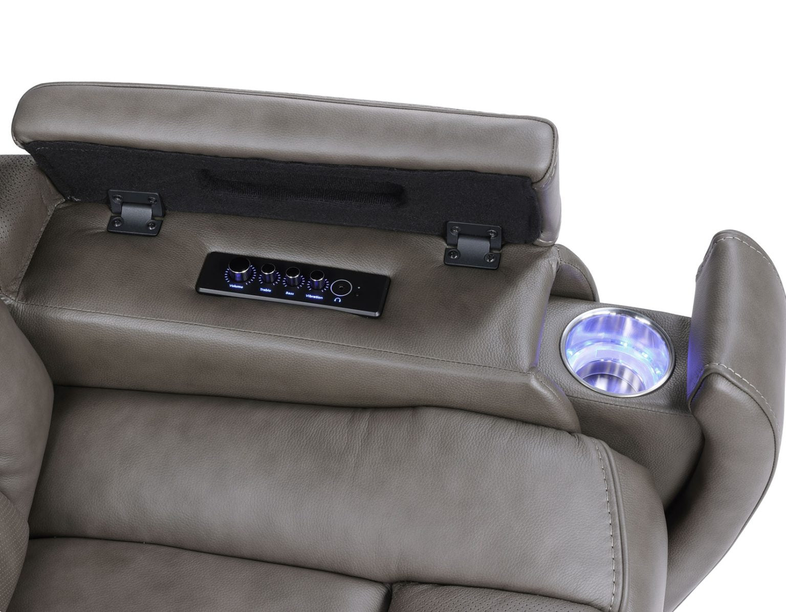 Gray recliner chair with volume control panel and cup holder on a white background