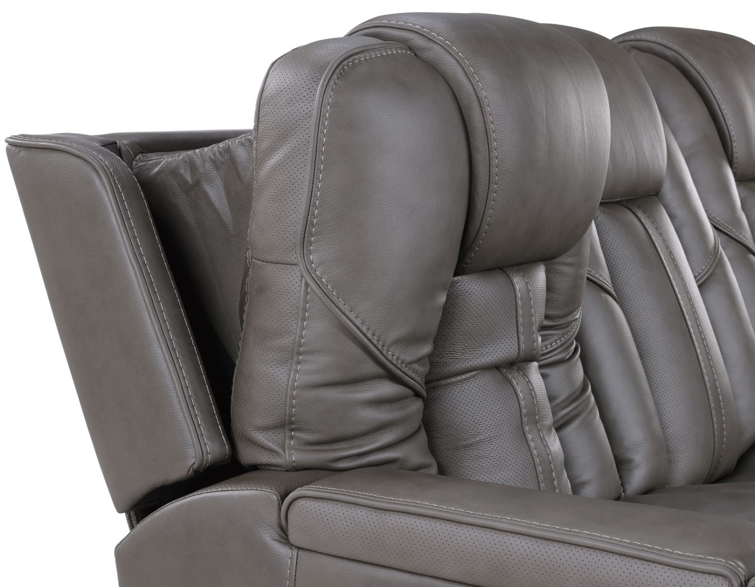 Gray leather recliner chair with armrests on a white background