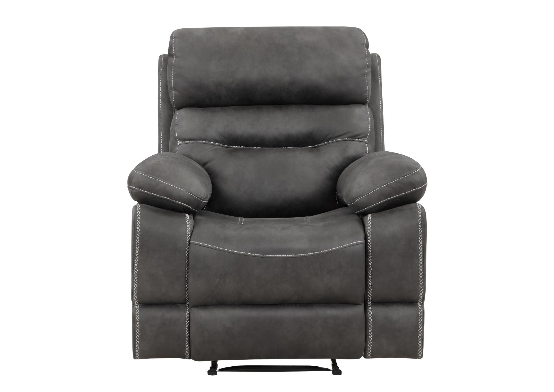 A dark gray upholstered recliner chair with padded armrests and contrast stitching, shown from the front on a plain white background.