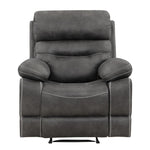 A dark gray upholstered recliner chair with padded armrests and contrast stitching, shown from the front on a plain white background.