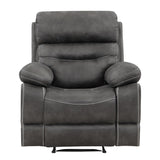 A dark gray upholstered recliner chair with padded armrests and contrast stitching, shown from the front on a plain white background.