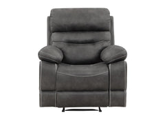 A dark gray upholstered recliner chair with padded armrests and contrast stitching, shown from the front on a plain white background.