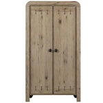 A rustic two-door wooden cabinet with a weathered light brown finish and small black metal knobs, shown against a plain white background.