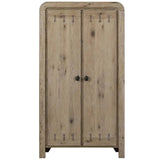 A rustic two-door wooden cabinet with a weathered light brown finish and small black metal knobs, shown against a plain white background.