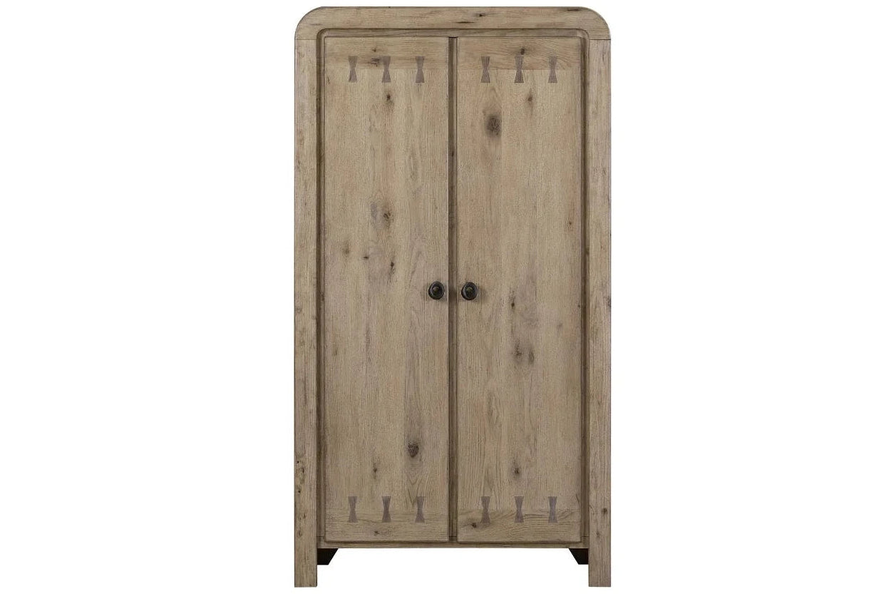 A rustic two-door wooden cabinet with a weathered light brown finish and small black metal knobs, shown against a plain white background.