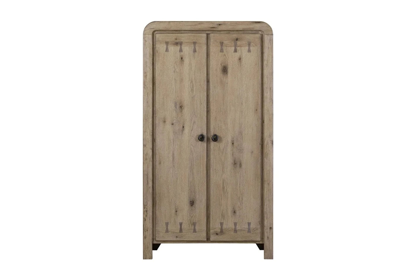 A rustic two-door wooden cabinet with a weathered light brown finish and small black metal knobs, shown against a plain white background.