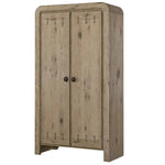 A rustic two-door wooden cabinet with a weathered light brown finish and small round black knobs, shown against a plain white background.