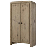 A rustic two-door wooden cabinet with a weathered light brown finish and small round black knobs, shown against a plain white background.